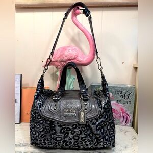 Coach Ashley Signature Optic Glitter Silver Ocelot Leopard Shoulder Satchel Bag
